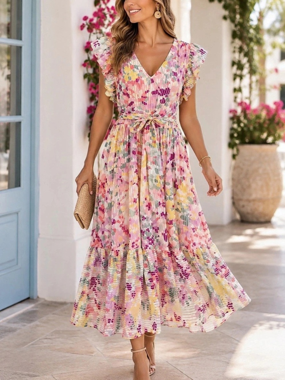 Kate Spade Tiered Floral Metallic Midi Dress Pink & Multicolor
